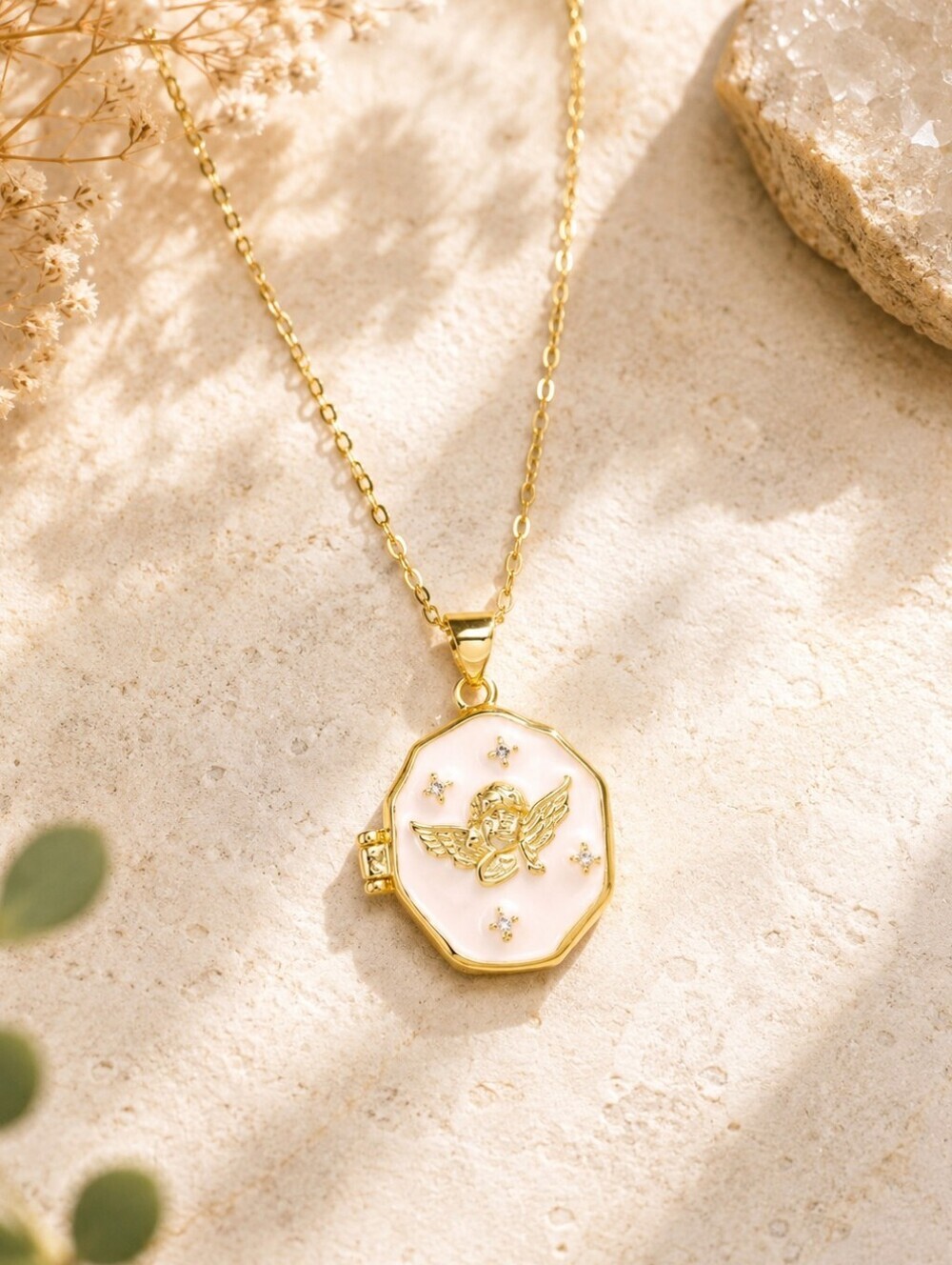 Gold Tone Angel Photo Locket Necklace Enamel Cherub Keepsake Pendant